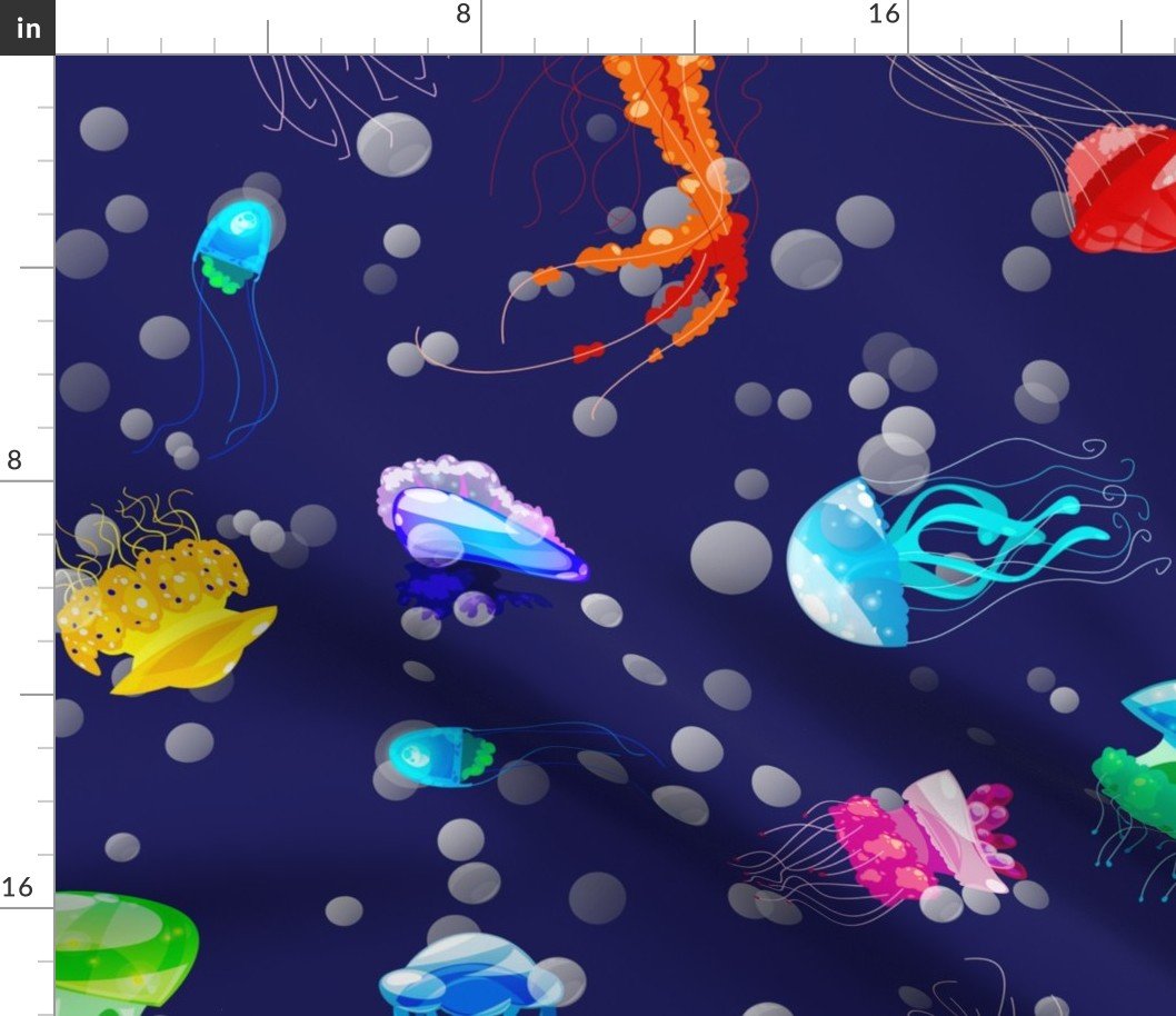 Bright Neon Rainbow Colored Jellyfish in Deep Pacific Ocean Blue Fabric