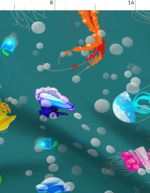 Bright Neon Rainbow Colored Jellyfish in Mediterranean Sea Blue Fabric