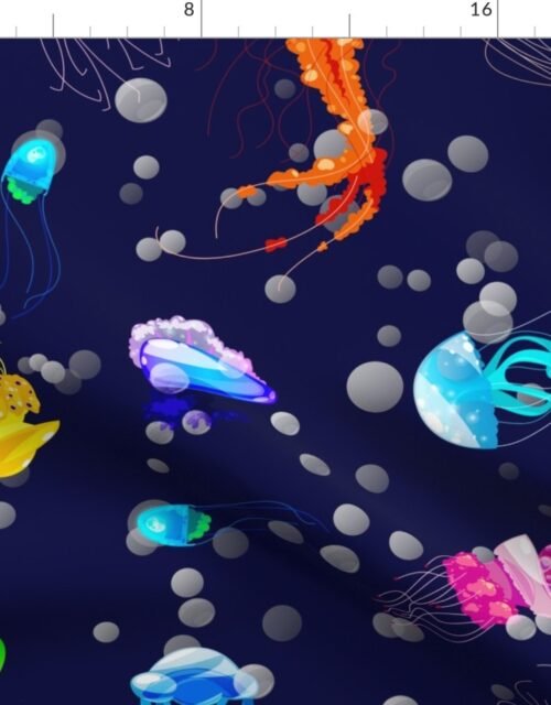 Bright Neon Rainbow Colored Jellyfish in North Sea Blue Fabric