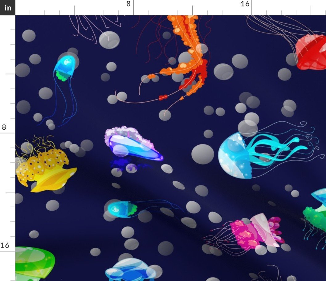 Bright Neon Rainbow Colored Jellyfish in North Sea Blue Fabric Bright Neon Rainbow Colored Jellyfish in North Sea Blue Fabric