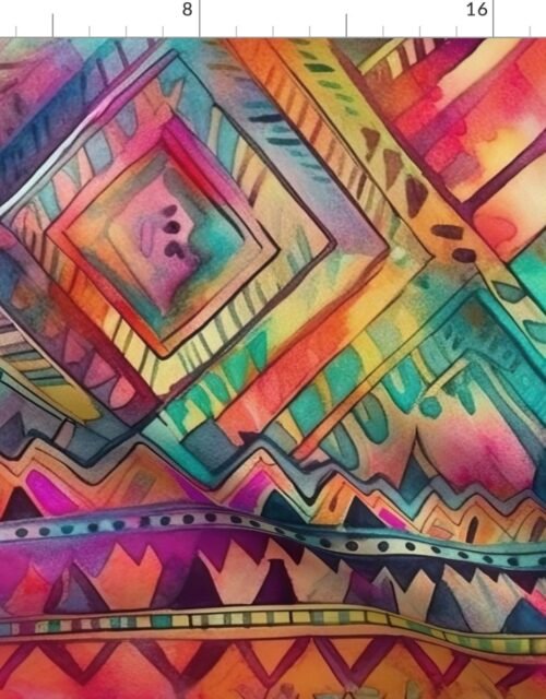 Bright Watercolor Aztec Geometric Pattern Fabric
