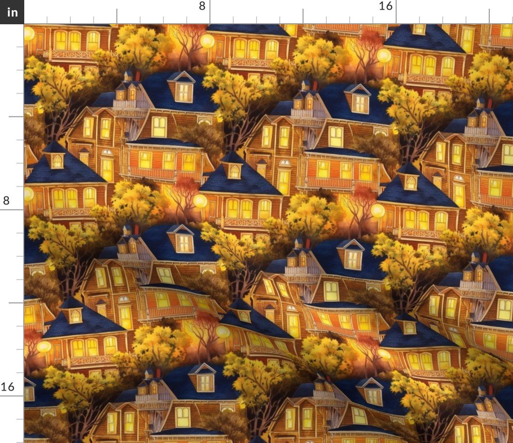 Bright Yellow Haunted New England Village Watercolor with Lighthouse Fabric
