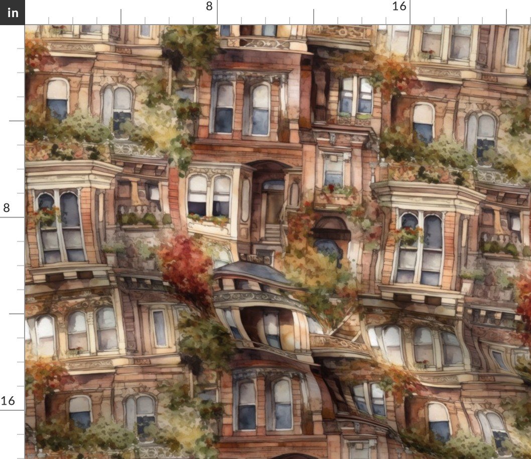 Brownstone Buildings in Varied Tones of Brown Watercolor Fabric