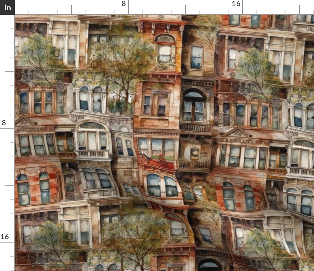 Brownstone Buildings in Varied Tones of Brown Watercolor Fabric
