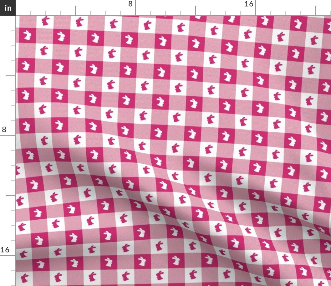 Bubble Gum and White Gingham Easter Check with Center Bunny Medallions in Bubble Gum and White Fabric