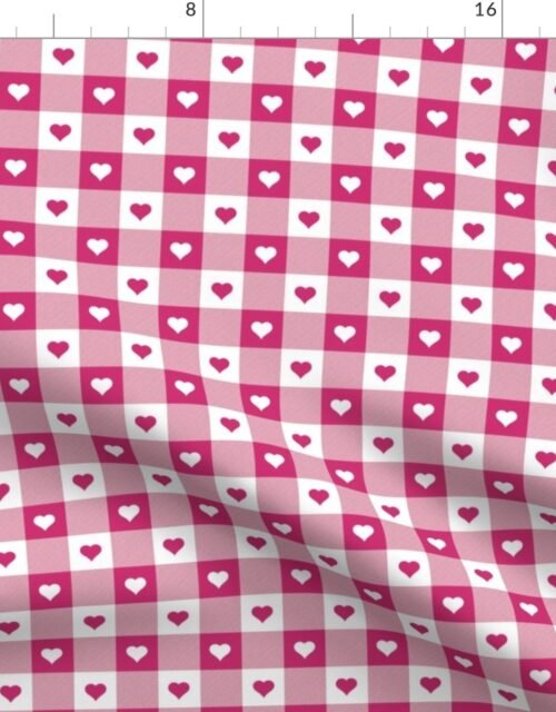 Bubble Gum and White Gingham Valentines Check with Center Heart Medallions in Bubble Gum and White Fabric