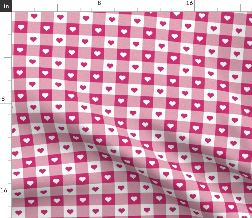 Bubble Gum and White Gingham Valentines Check with Center Heart Medallions in Bubble Gum and White Fabric