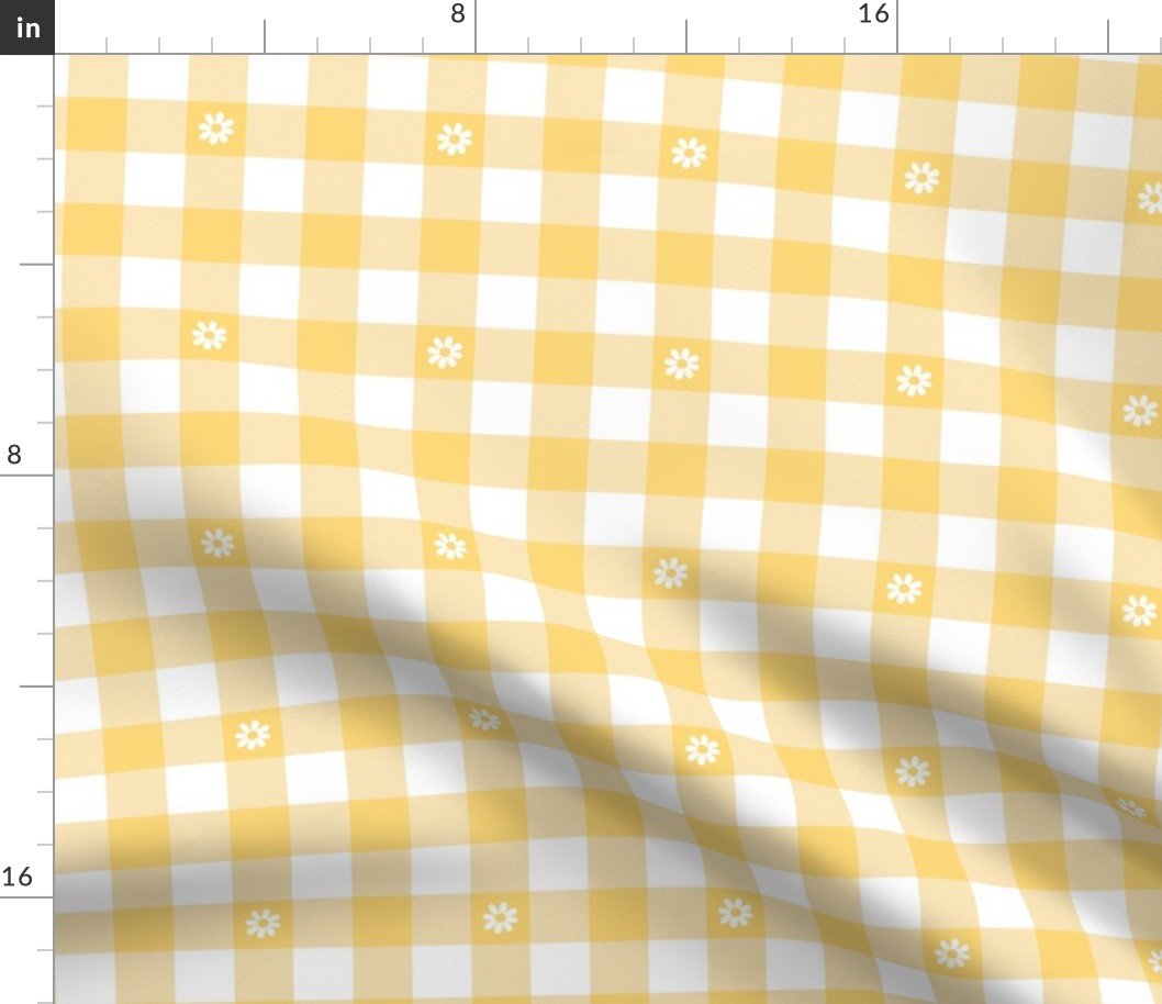 Buttercup Yellow and White Gingham Check with Center Floral Medallions in White Fabric Buttercup Yellow and White Gingham Check with Center Floral Medallions in White Fabric