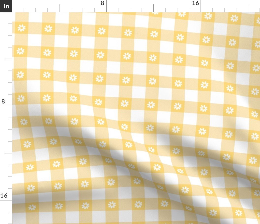 Buttercup Yellow and White Gingham Check with Center Floral Medallions in White Fabric Buttercup Yellow and White Gingham Check with Center Floral Medallions in White Fabric