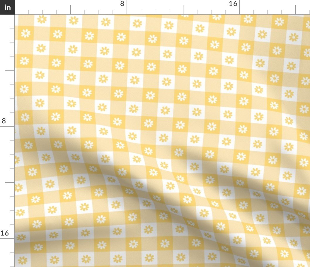 Buttercup Yellow and White Gingham Check with Center Floral Medallions in White and Yellow Fabric