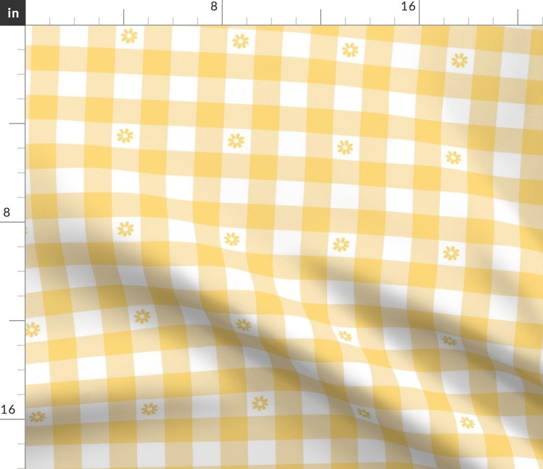 Buttercup Yellow and White Gingham Check with Center Floral Medallions in Yellow Fabric