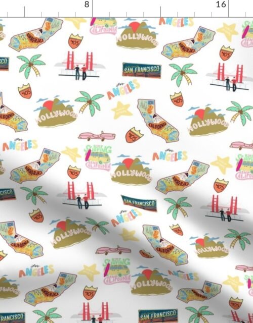 California Hand drawn Motifs Golden Gate Bridge, Hollywood Sign, Palm Trees, Route 405, Pink Convertible, Surfing and Walk of Fame Signs on White Fabric