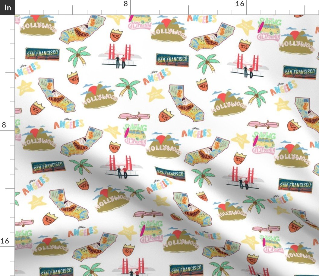 California Hand drawn Motifs Golden Gate Bridge, Hollywood Sign, Palm Trees, Route 405, Pink Convertible, Surfing and Walk of Fame Signs on White Fabric