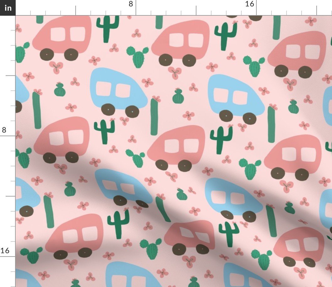 Camper Vans in Blue and Pink with Green Cactus and Pink Flowers Fabric