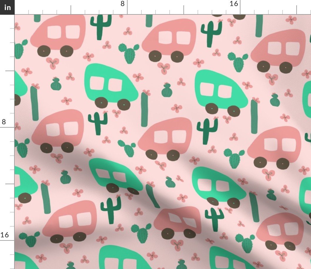 Camper Vans in Pink and Mint with Green Cactus and Pink Flowers Fabric Camper Vans in Pink and Mint with Green Cactus and Pink Flowers Fabric