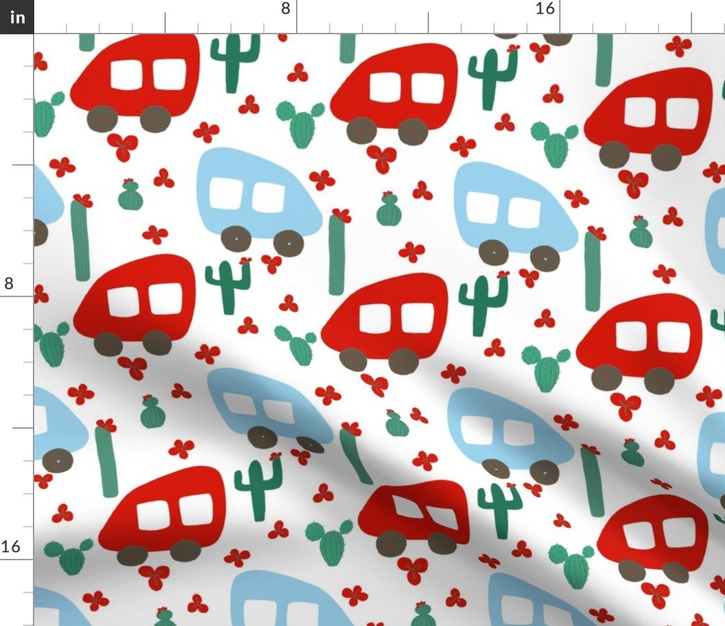 Camper Vans in Red and Blue with Green Cactus and Red Flowers Fabric