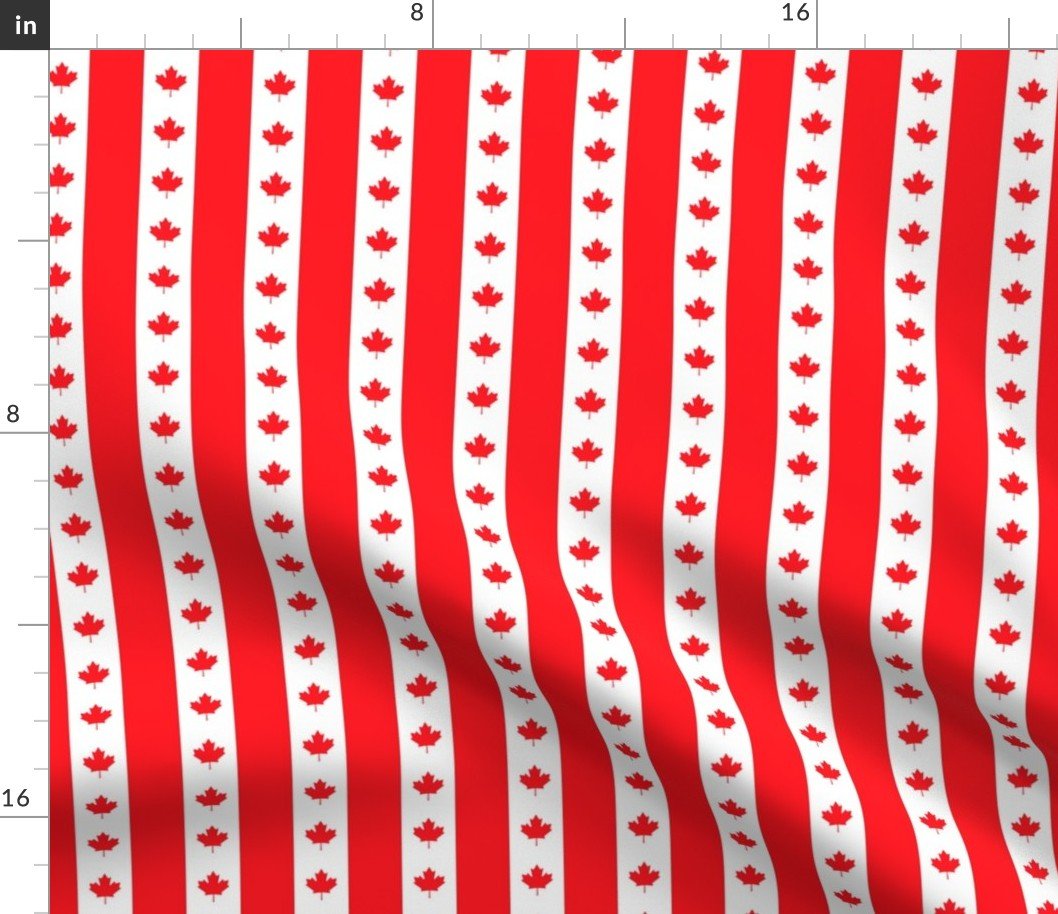 Canadian Flag Colors Red, White and Maple Leaves 1 Inch Vertical Stripes Fabric