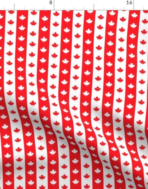 Canadian Flag Colors Red, White and Maple Leaves 1 Inch Vertical Stripes Fabric