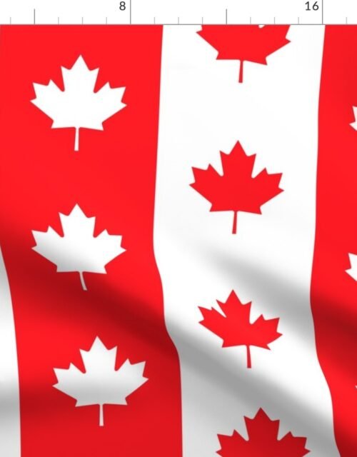 Canadian Flag Colors Red, White and Maple Leaves Jumbo 6 Inch Vertical Stripes Fabric