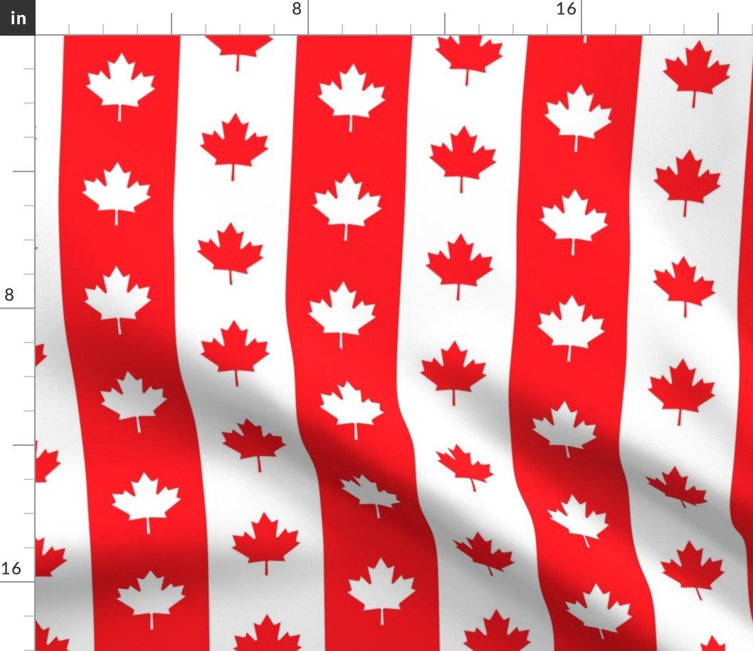 Canadian Flag Colors Red, White and Maple Leaves Large 3 Inch Vertical Stripes Fabric