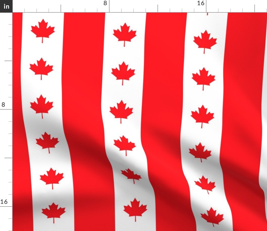 Canadian Flag Colors Red, White and Maple Leaves Large 3 Inch Vertical Stripes Fabric