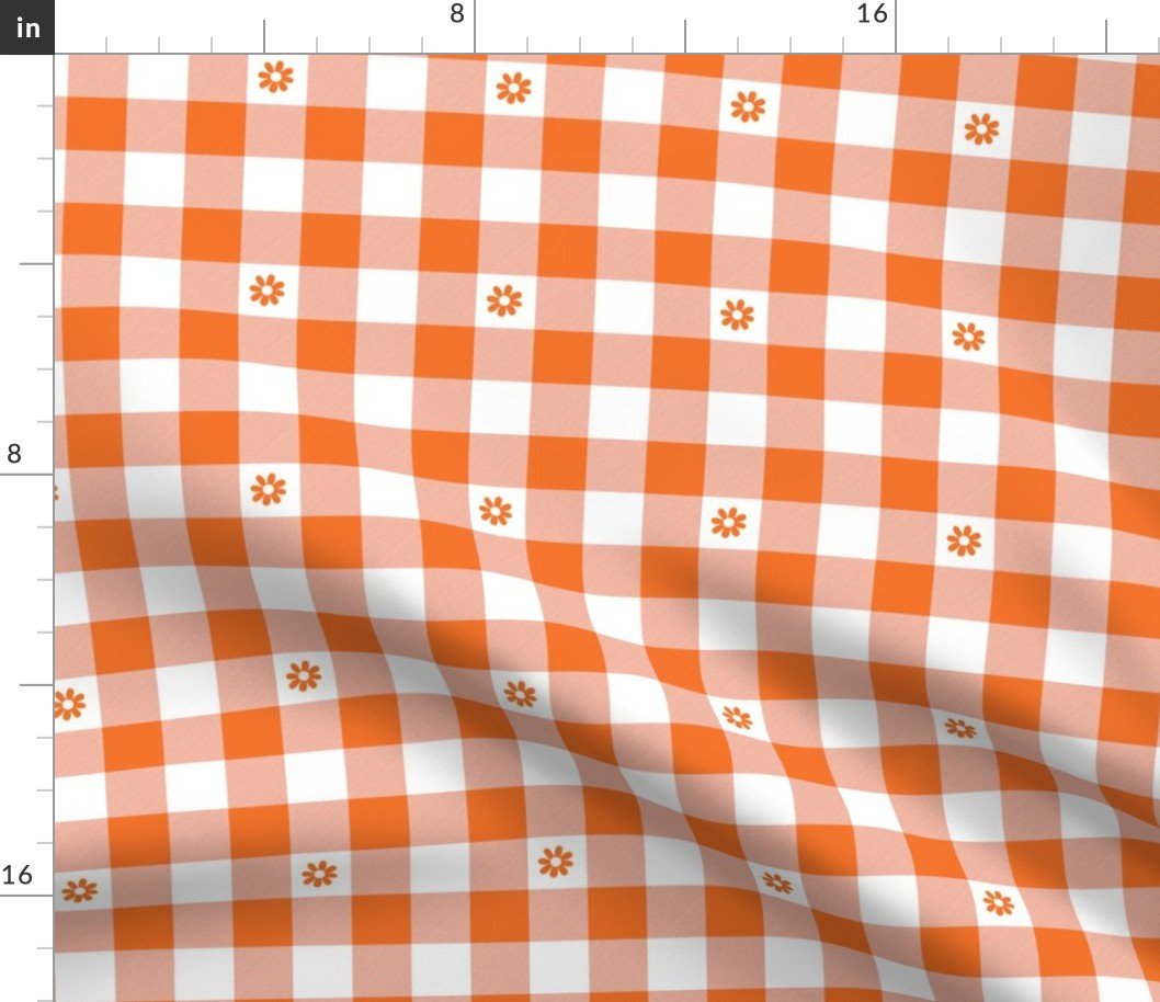 Carrot Orange and White Gingham Check with Center Floral Medallions in Carrot Fabric Carrot Orange and White Gingham Check with Center Floral Medallions in Carrot Fabric