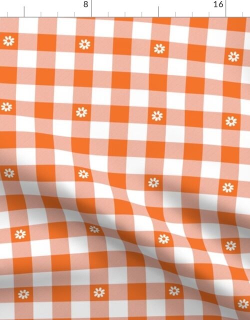 Carrot Orange and White Gingham Check with Center Floral Medallions in White Fabric