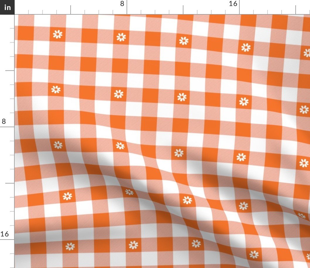 Carrot Orange and White Gingham Check with Center Floral Medallions in White Fabric Carrot Orange and White Gingham Check with Center Floral Medallions in White Fabric