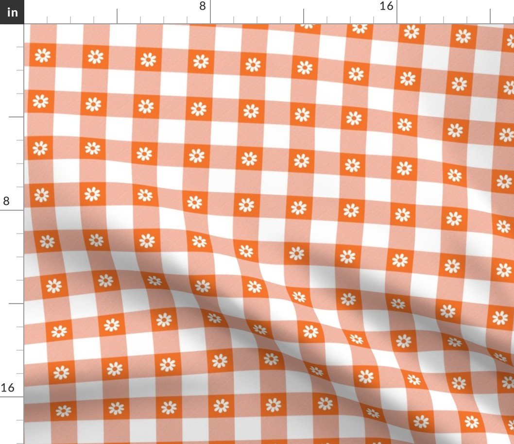 Carrot Orange and White Gingham Check with Center Floral Medallions in White Fabric Carrot Orange and White Gingham Check with Center Floral Medallions in White Fabric