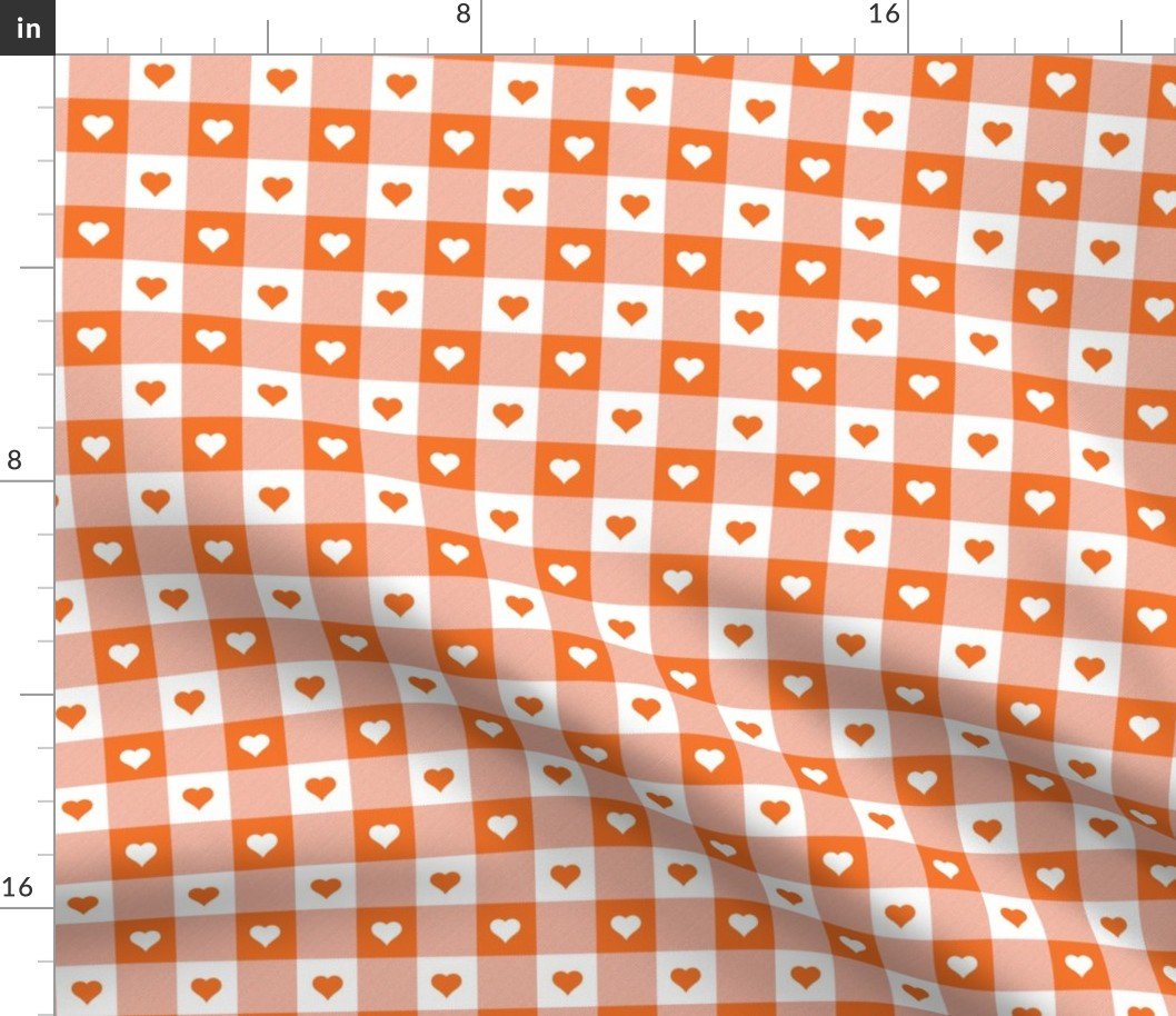 Carrot and White Gingham Valentines Check with Center Heart Medallions in Carrot and White Fabric