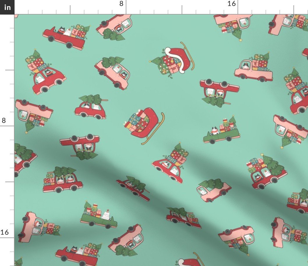 Cats in Christmas Cars and Sleigh Doodles in Holiday Colors Red and Green on Mint Green Fabric Cats in Christmas Cars and Sleigh Doodles in Holiday Colors Red and Green on Mint Green Fabric