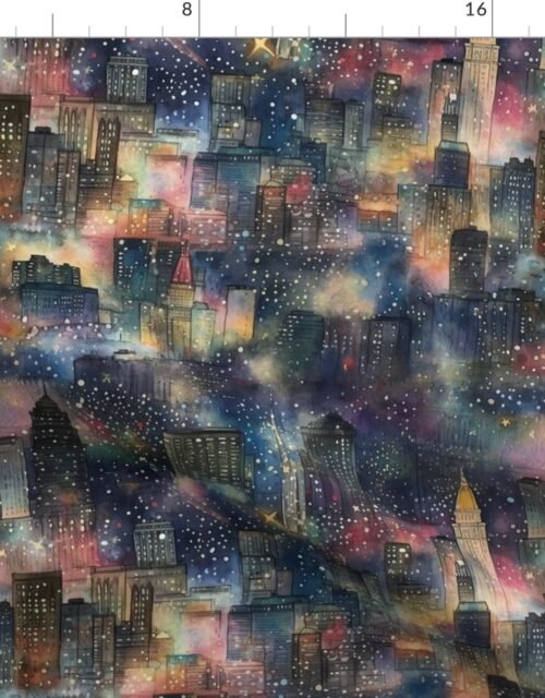 Chicago at New Year's in Watercolors with Fairy Lights and Landmarks Fabric