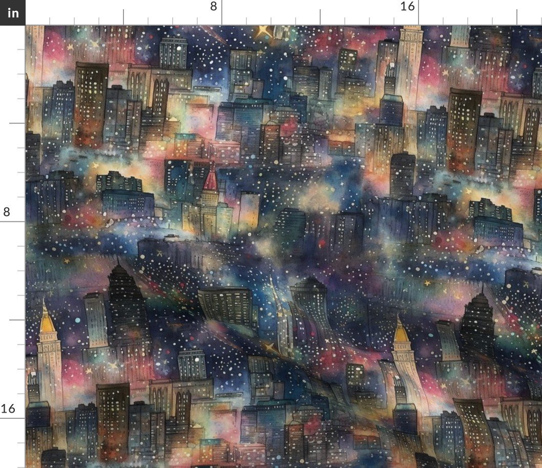 Chicago at New Year's in Watercolors with Fairy Lights and Landmarks Fabric