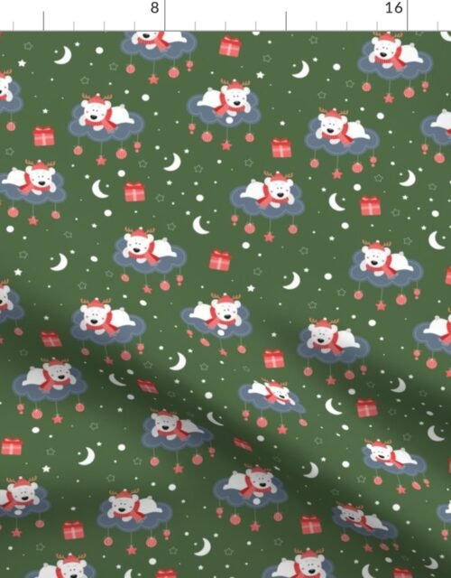 Children's Print Polar Bears on Clouds with Christmas Ornaments on Fir Tree Green Fabric