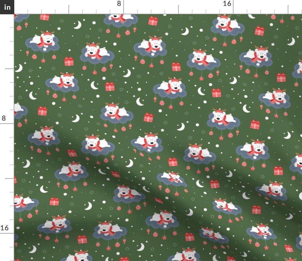 Children's Print Polar Bears on Clouds with Christmas Ornaments on Fir Tree Green Fabric