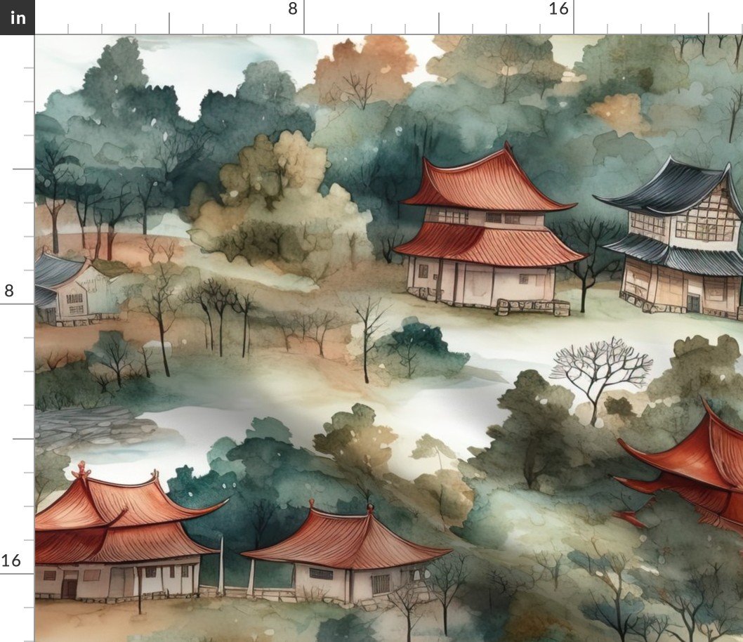 Chinese Village in Forest Watercolor Fabric