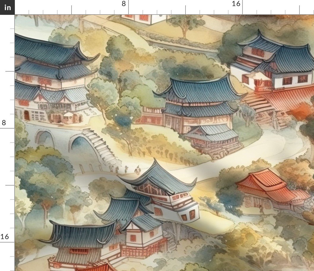 Chinese Village in Forest Watercolor Fabric Chinese Village in Forest Watercolor Fabric