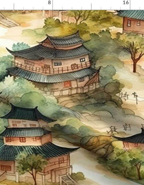 Chinese Village in Forest Watercolor Fabric