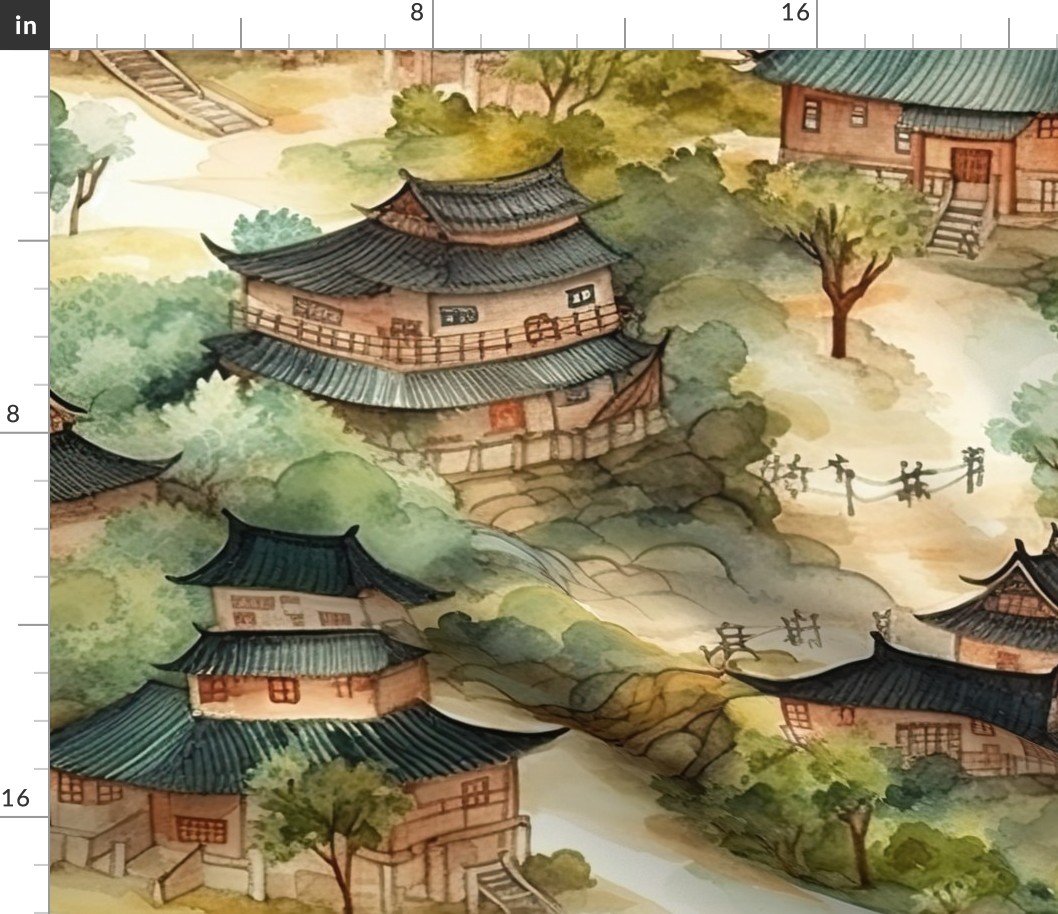 Chinese Village in Forest Watercolor Fabric