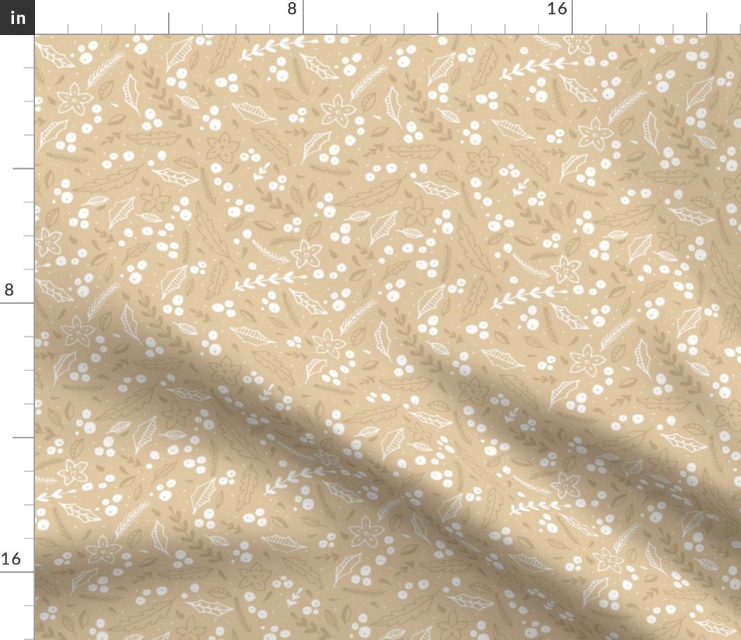 Christmas Beige and White  Small Holly  and Mistletoe Repeat on Pale Gold  Background Fabric