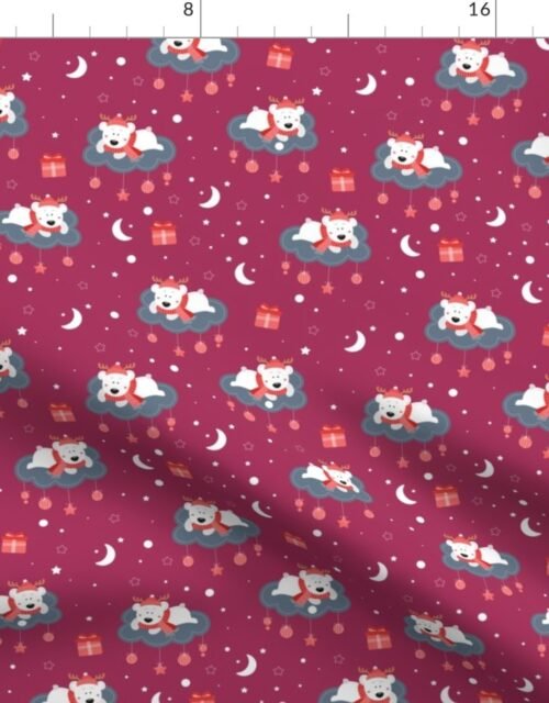 Christmas Cartoon Children's Print Polar Bears on Clouds with Christmas Ornaments on Cranberry Red Fabric