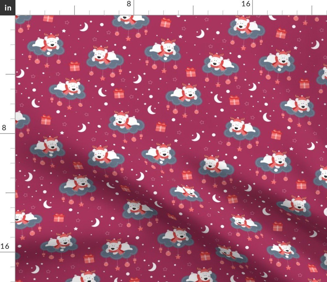 Christmas Cartoon Children's Print Polar Bears on Clouds with Christmas Ornaments on Cranberry Red Fabric