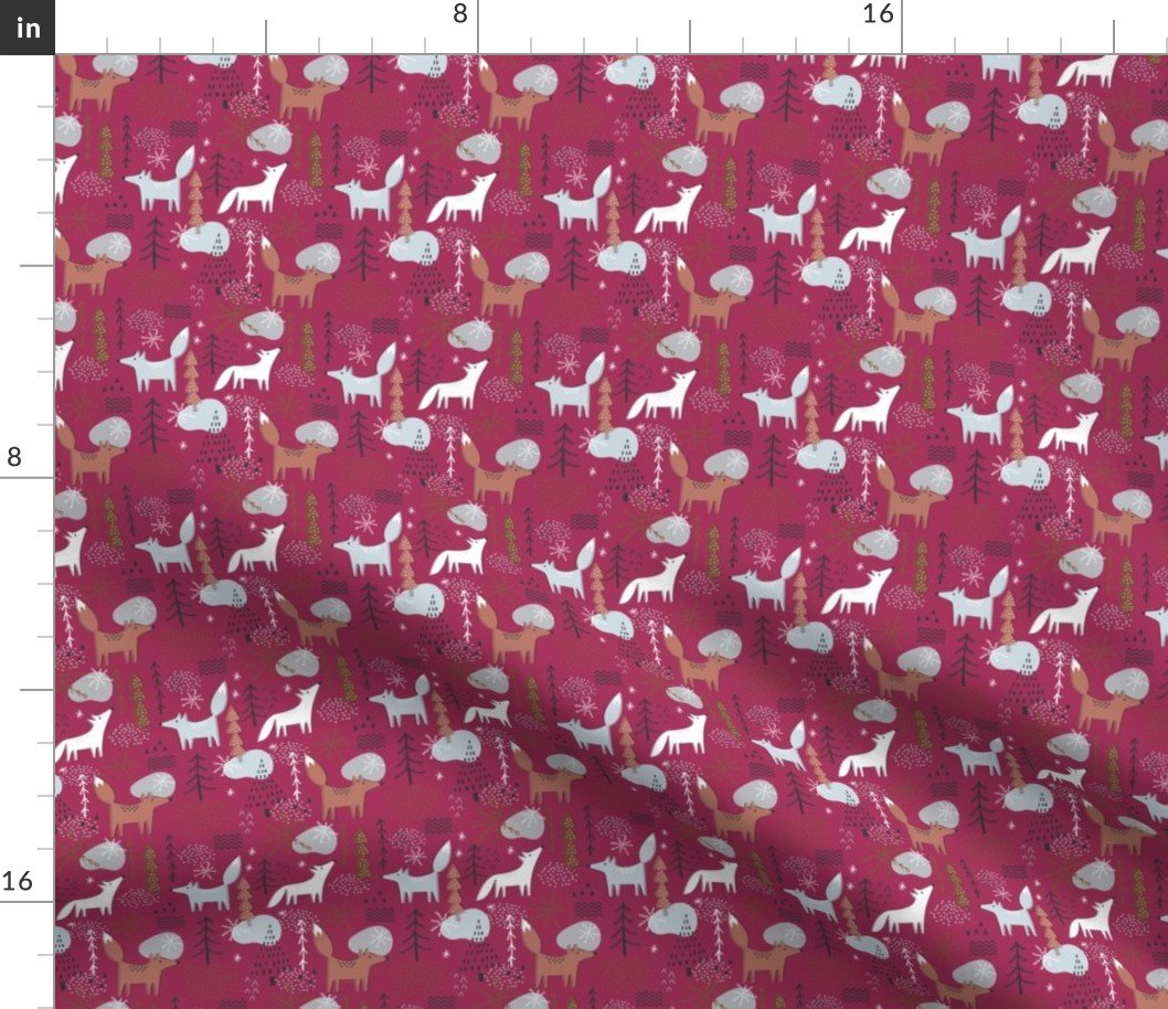 Christmas Fox and Wolf in Winter Forest Scene on Cranberry Red Fabric