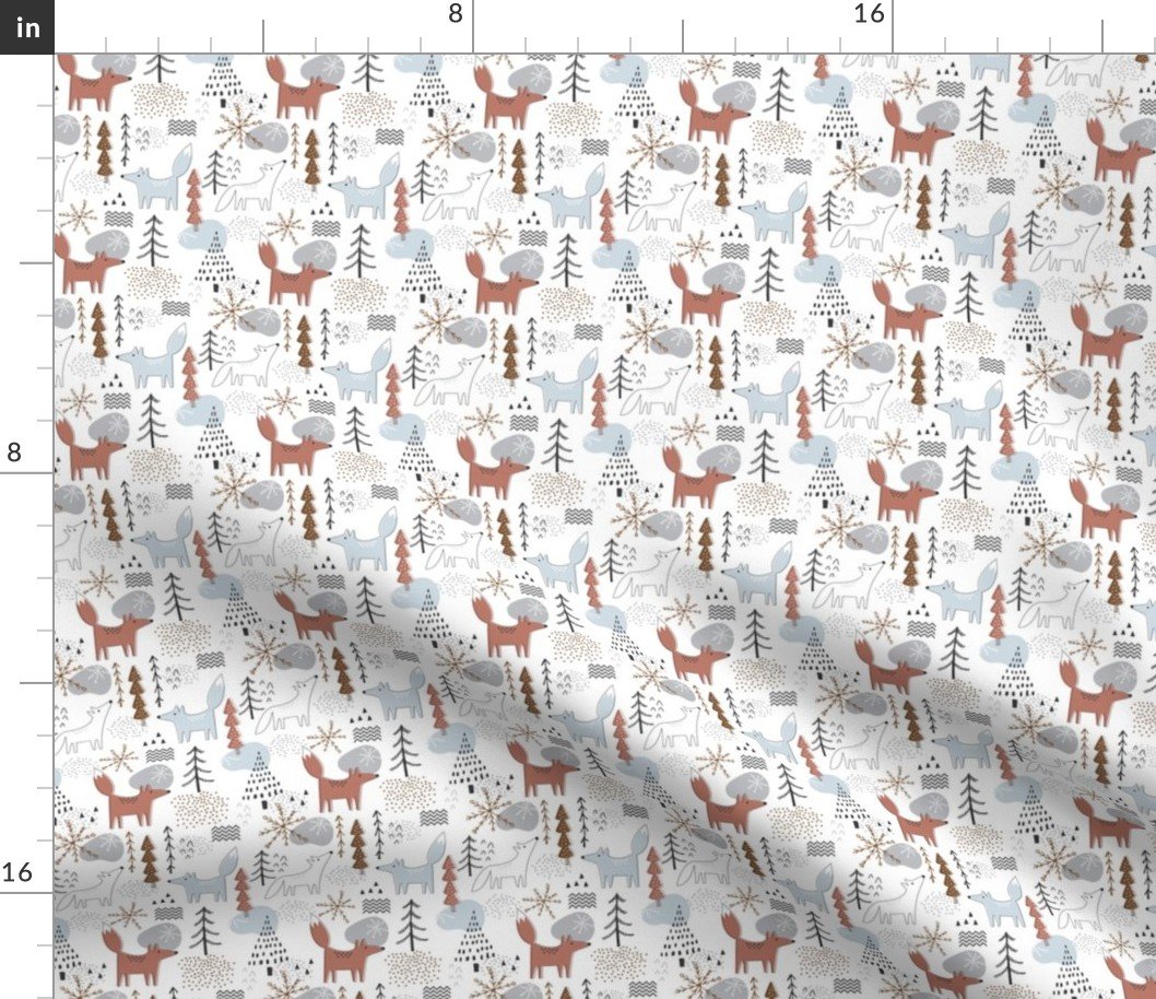 Christmas Fox and Wolf in Winter Forest Scene on White Fabric