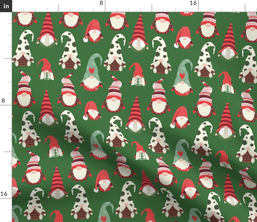 Christmas Gnomes in Holiday Green and Red Caps on Christmas Tree Green Fabric