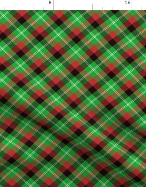 Christmas Holly Green, Red and Black and Argyle Tartan Plaid with Crossed White Lines Fabric