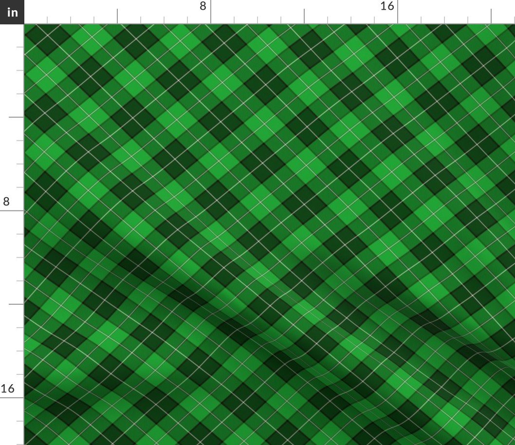 Christmas Holly Green and Dark Green Argyle Tartan Plaid with Crossed White  Lines Fabric