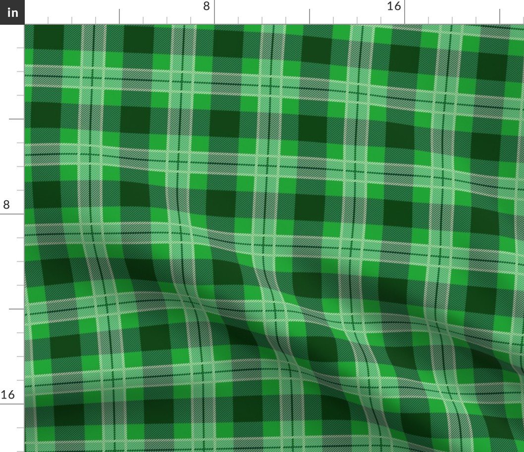 Christmas Holly Green and Dark Green Plaid Tartan with Wide White Lines Fabric