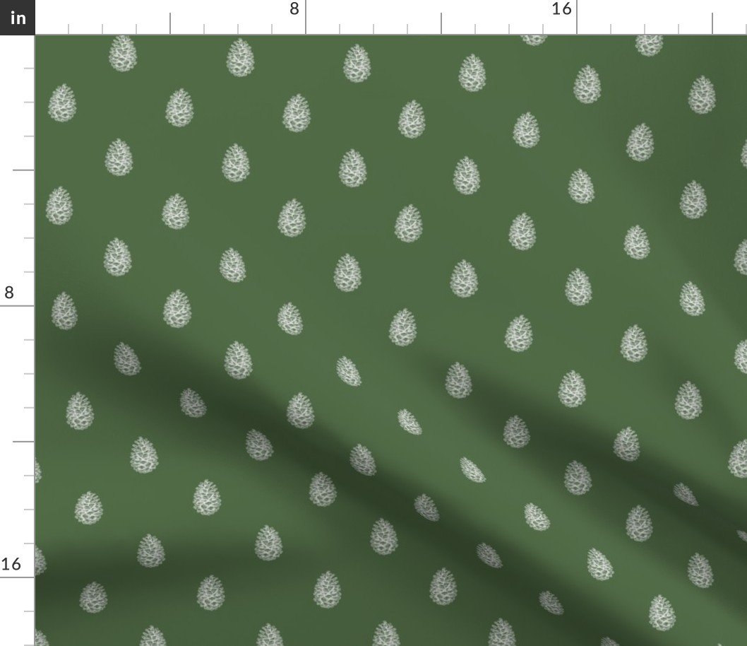 Christmas Pine Cone in Bright White on Fir Tree Green Fabric Christmas Pine Cone in Bright White on Fir Tree Green Fabric