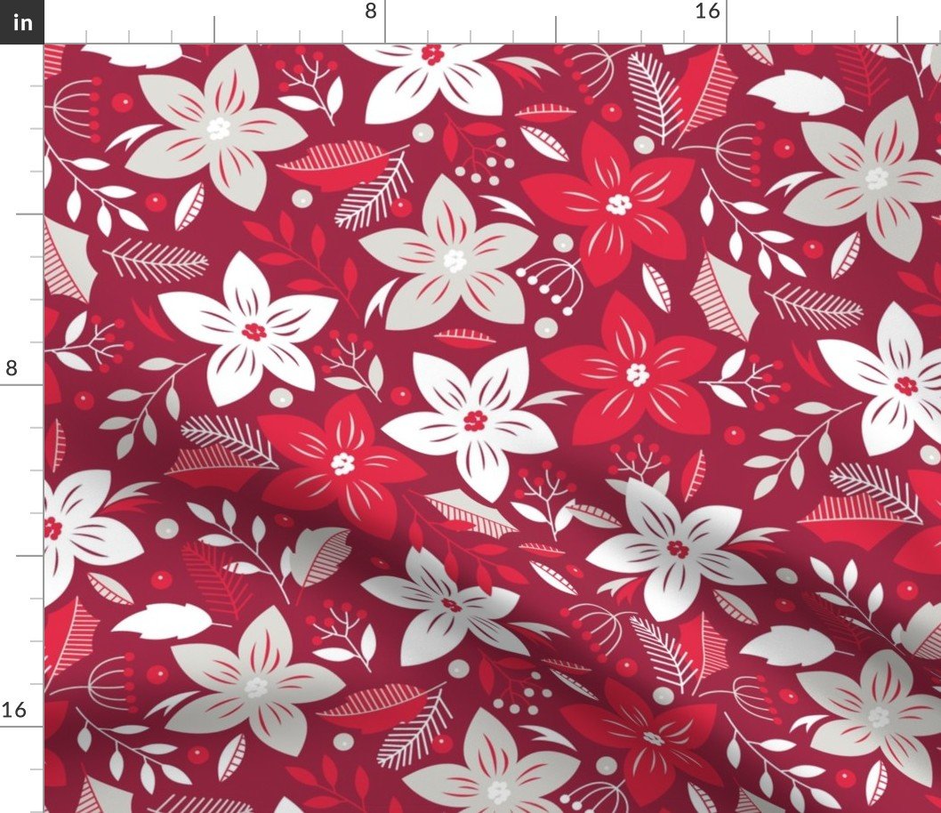 Christmas Red and Pale Silver Jumbo Poinsettias and Mistletoe Repeat on Deep Cranberry Background Fabric